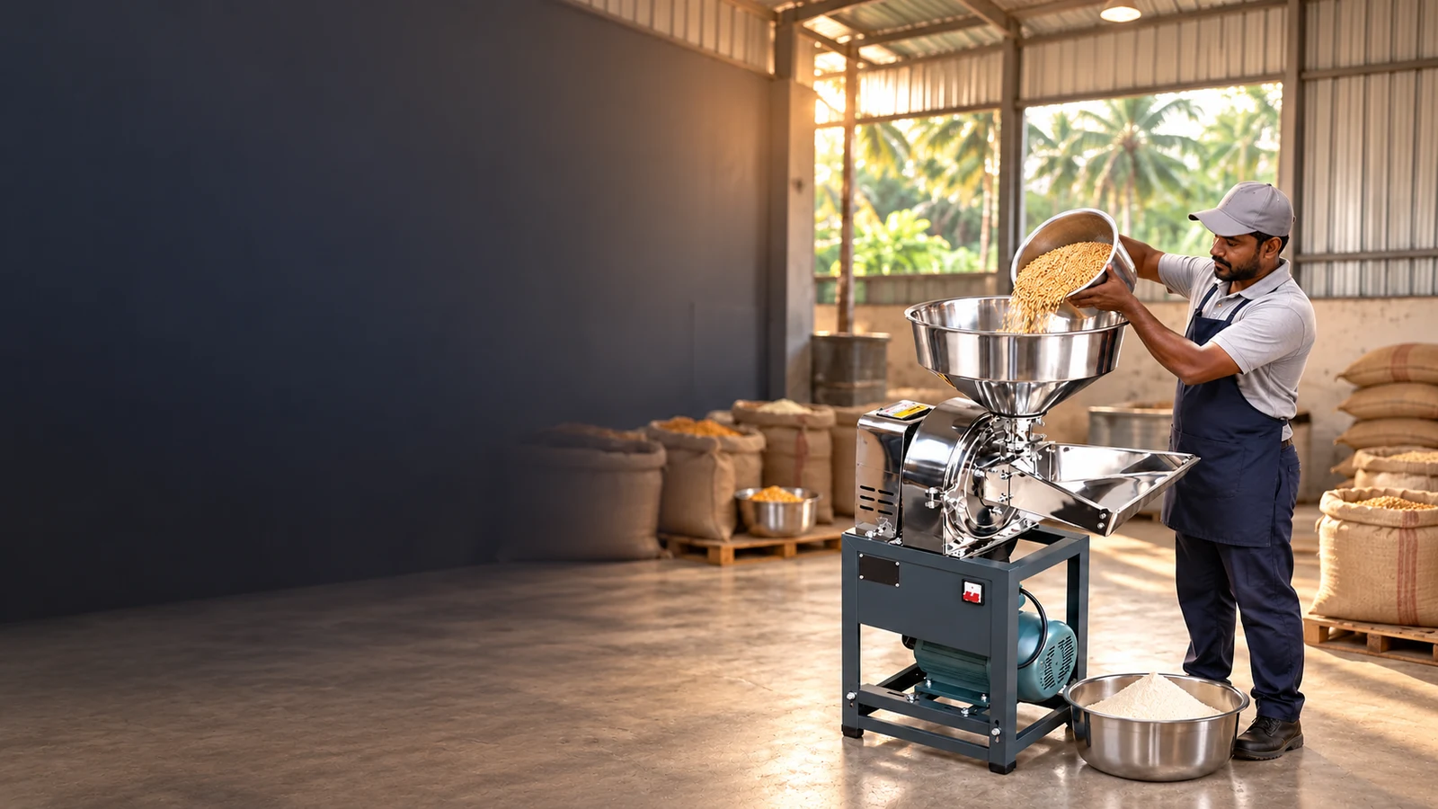 Sri Lankan operator pouring grain into a stainless-steel flour mill machine
