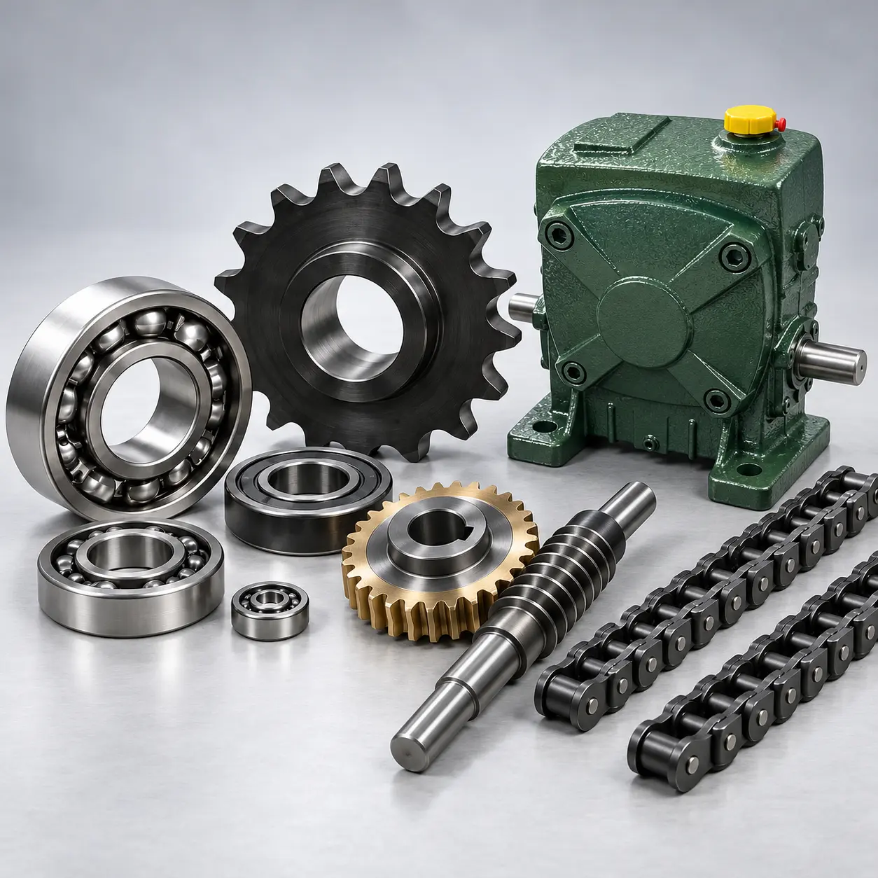 Industrial bearings, sprocket and roller chains arranged as machinery spare parts
