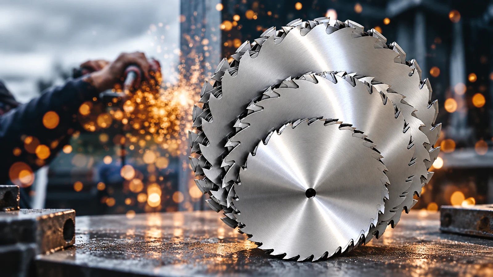 Diamond Brand wood-cutting saw blades displayed in a woodworking workshop